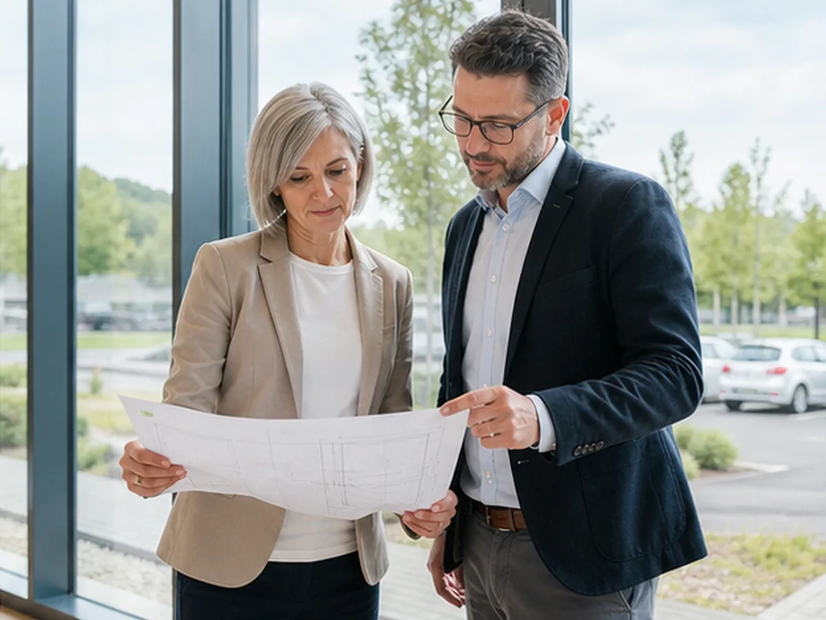 Besprechung zu Gebäudeplan und Außenflächen eines Freizeitstandorts